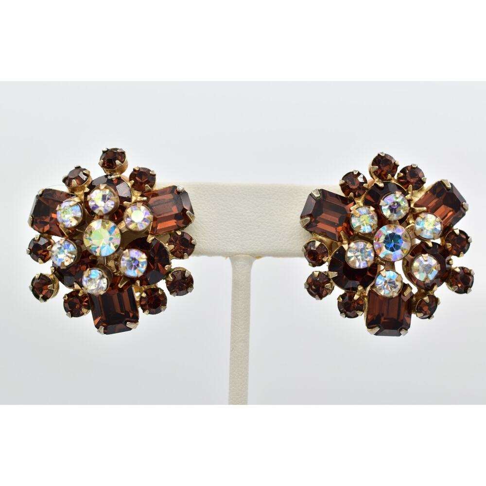 Juliana Vintage Crystal Clip On Earrings Prong Set Rhinestone AB Chocolate BinBF
